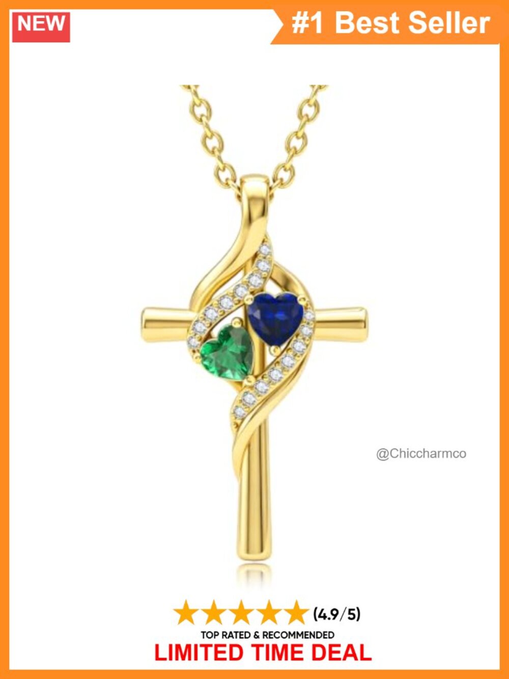 14K Gold Plated Cross Necklace Double Birthstones Adjustable Cable Chain